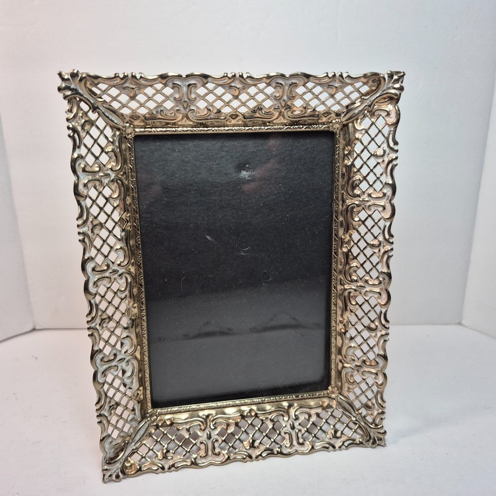 Vintage Ornate 5x7 Gold w/ White Accents Filigree Picture Frame Easel Back MCM